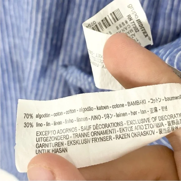 Zara Blue Striped Linen Button Shirt Men’s S Slim Fit Roll Tab Sleeves - Picture 5 of 8